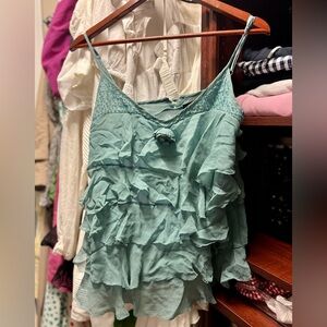 Sage Green Rosette Flower Beaded Tiered Top